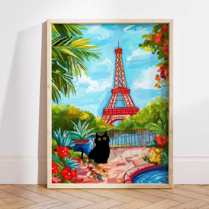 Paris Eiffel Tower Cat Poster, Whimsical France Wall Art Poster, Funny ...