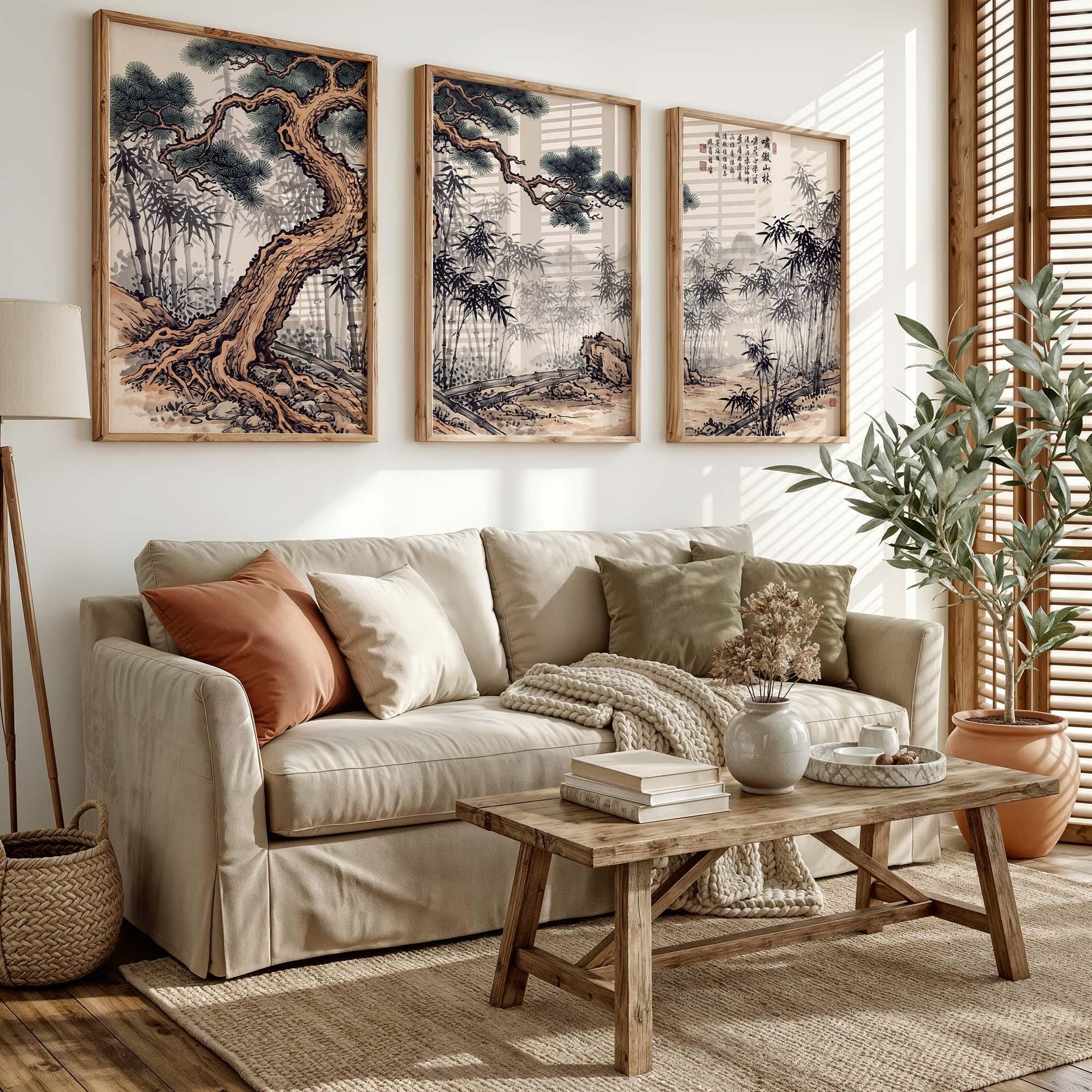 Japanese Wall Art Set of 3, Zen Bamboo Forest Prints, Vintage Sumi-e ...