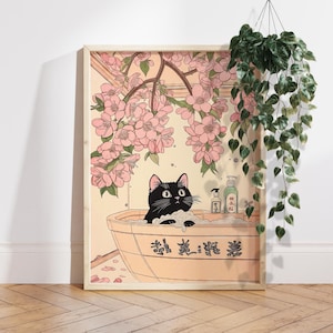 Black cat in bathtub, Japanese bathroom decor, Japan art print, Aesthetic wall art, Neutral minimalist poster, Unique Cat Lover Gift PS0666