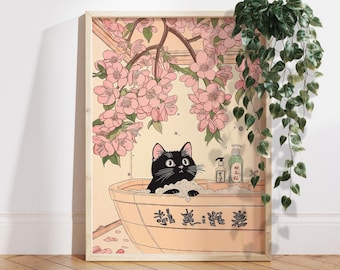 Black cat in bathtub, Japanese bathroom decor, Japan art print, Aesthetic wall art, Neutral minimalist poster, Unique Cat Lover Gift PS0666
