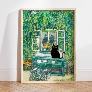 Black cat Print, Gustav Klimt Forester&#39;s House Cat Poster, Cat Art, Floral Print, Funny Cat print, Funny gift, Cat in the Garden PS0406