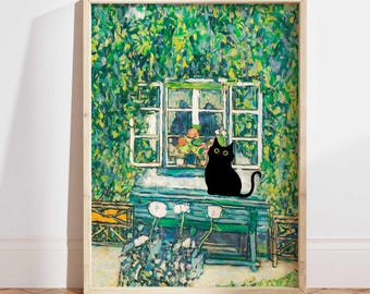 Impresión de gato negro, póster de Gustav Klimt "El gato de la casa del silvicultor", arte felino, impresión floral, impresión divertida de gato, regalo divertido, gato en el jardín PS0406