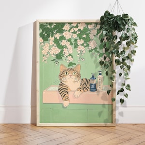 Japanese Tabby cat in bathtub bathroom decor, Japan art print, Aesthetic wall art, Neutral minimalist poster, Unique Cat Lover Gift PS0687