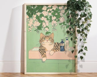 Japanese Tabby cat in bathtub bathroom decor, Japan art print, Aesthetic wall art, Neutral minimalist poster, Unique Cat Lover Gift PS0687