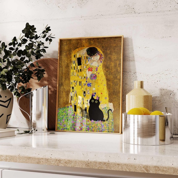 Black Cat Print, Gustav Klimt the Kiss Cat Poster, Cat Art, Klimt
