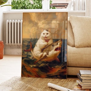 Gatto che cavalca uno squalo con un bicchiere di bevanda, dipinto, gatto grasso contro squalo, meme, gatto pazzo, decorazione da parete, poster, regalo per amanti dei gatti, arte murale PS0585