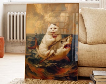 May include: A white cat with a black patch around its eye sits on the back of a large, gray shark. The shark is swimming in a blue ocean with white waves. The cat is holding a small, red bowl in its paws. The background is a cloudy sky with a faint, orange glow.