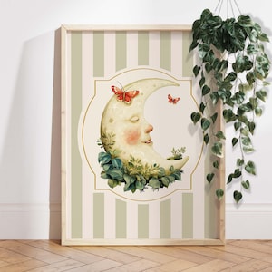Vintage Moon Nursery Wall Art Print, Whimsical Crescent Moon with Butterfly Illustration for Baby Room, Celestial Kids Decor VI012