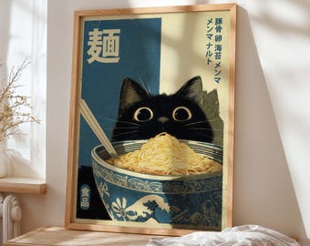 Black Cat Ramen Print, Japanese Retro Kitchen Wall Art Poster, Noodle Bowl Cat Illustration, Kawaii Asian Decor, Gift for Cat Lovers