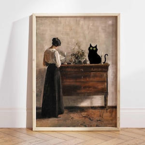 Black Cat Print, Reading Woman With Black Cat Poster, Cat Art, Funny Cat print gift, Rustic Poster, Black Kitten Gift Idea, Wall Art PS0512