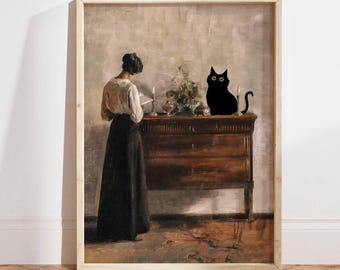 Zwarte kat print, lezende vrouw met zwarte kat poster, kattenkunst, grappige kat print cadeau, rustieke poster, zwarte kitten cadeau-idee, kunst aan de muur PS0512