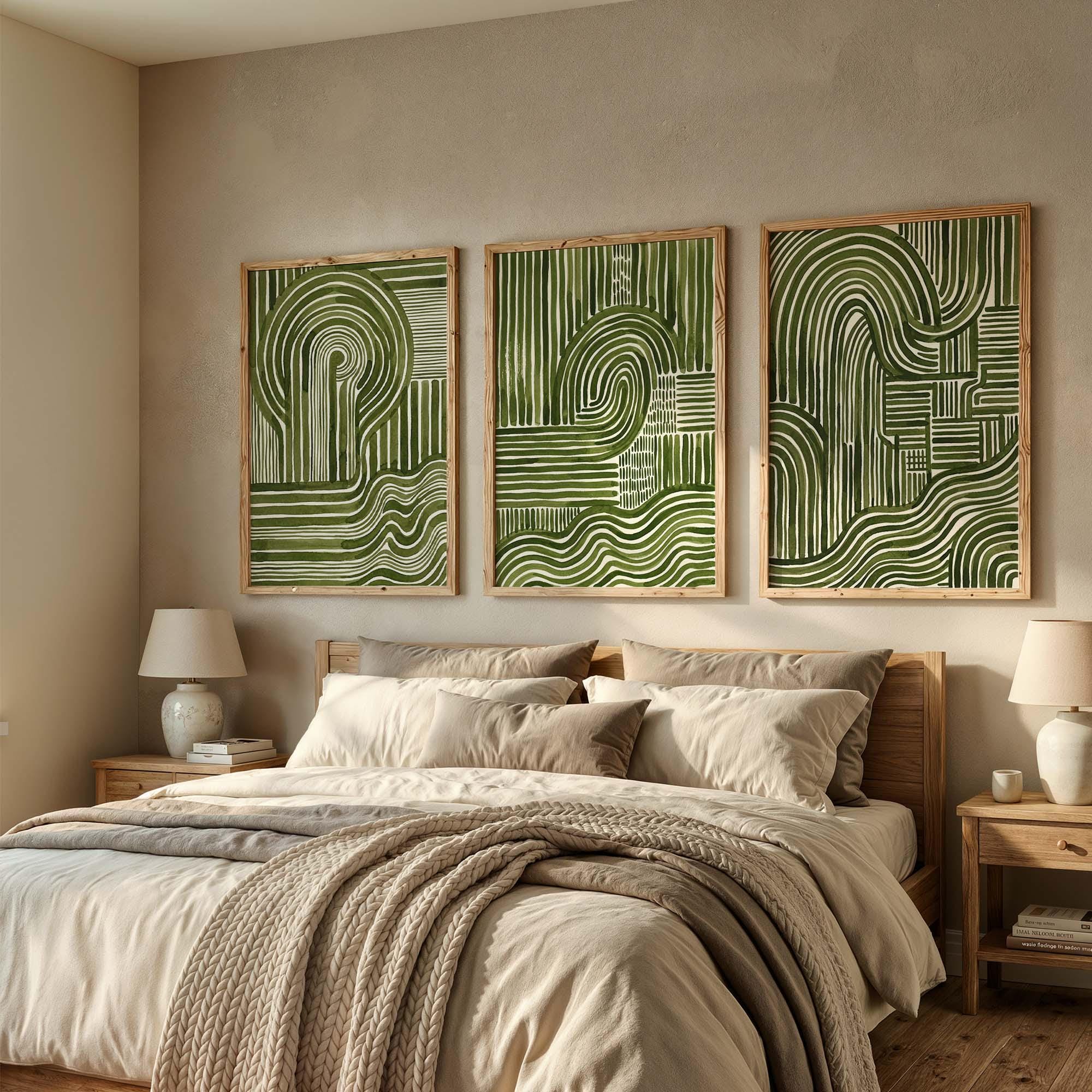 Abstract Green Wall Art Set of 3, Mid Century Modern Line Print Trio ...