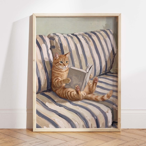Reading cat wall art print, orange tabby book lover poster, cozy cottagecore pet decor, whimsical home library art