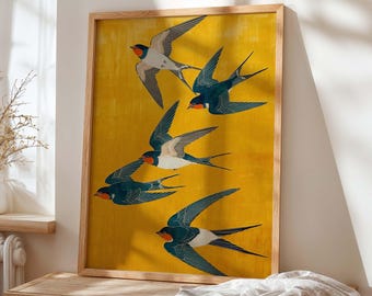 Swallow Bird Wall Art, Mustard Yellow Mid Century Poster, Scandinavian Modern Decor