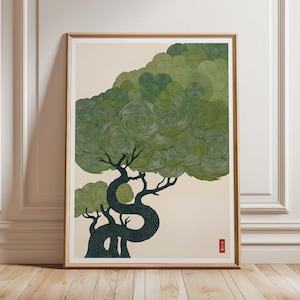 Könnte beinhalten: Gerahmter Kunstdruck mit einem stilisierten grünen Baum mit einem wirbelnden, strukturierten Blätterdach. Der dunkle Stamm und die Äste des Baumes kontrastieren mit einem cremefarbenen Hintergrund. Das Kunstwerk befindet sich in einem Holzrahmen.
