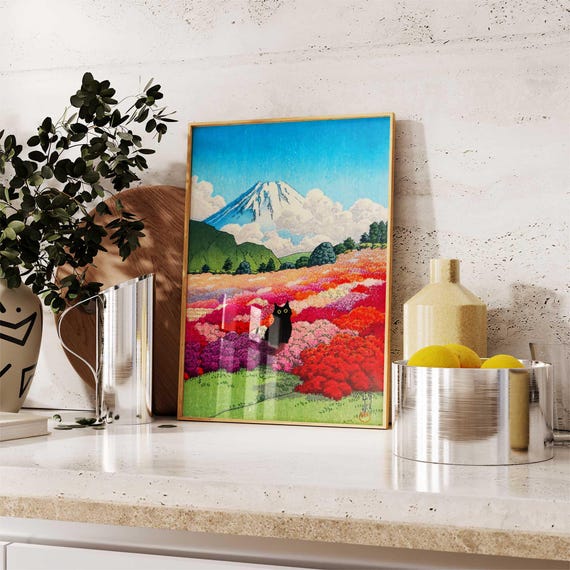 Black Cat Mount Fuji From an Azalea Garden Poster, Landscape