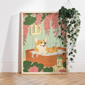 Corgi in a bath, Japanese style bathroom print, Vintage Japan poster, Funny dog poster, Aesthetic Japandi wall art, Dog Lover Gift PS0669
