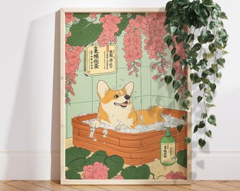 Puede incluir: Una ilustración digital de un perro corgi tomando un baño en una bañera de madera. El perro está rodeado de burbujas y mira hacia arriba con una expresión feliz. La bañera está decorada con flores rosas y hojas verdes. El texto "美容液" está escrito en una caja en el fondo.