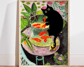 Matisse Goldfish With Cat Poster, Black Cat Print, Black Cat Art, Floral Print, Funny Cat print, Funny gift Idea, Home decor Poster PS0568