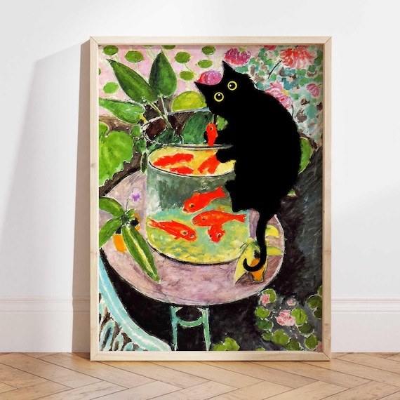 マティスの金魚と猫のポスター、黒猫のプリント、黒猫のアート、花柄