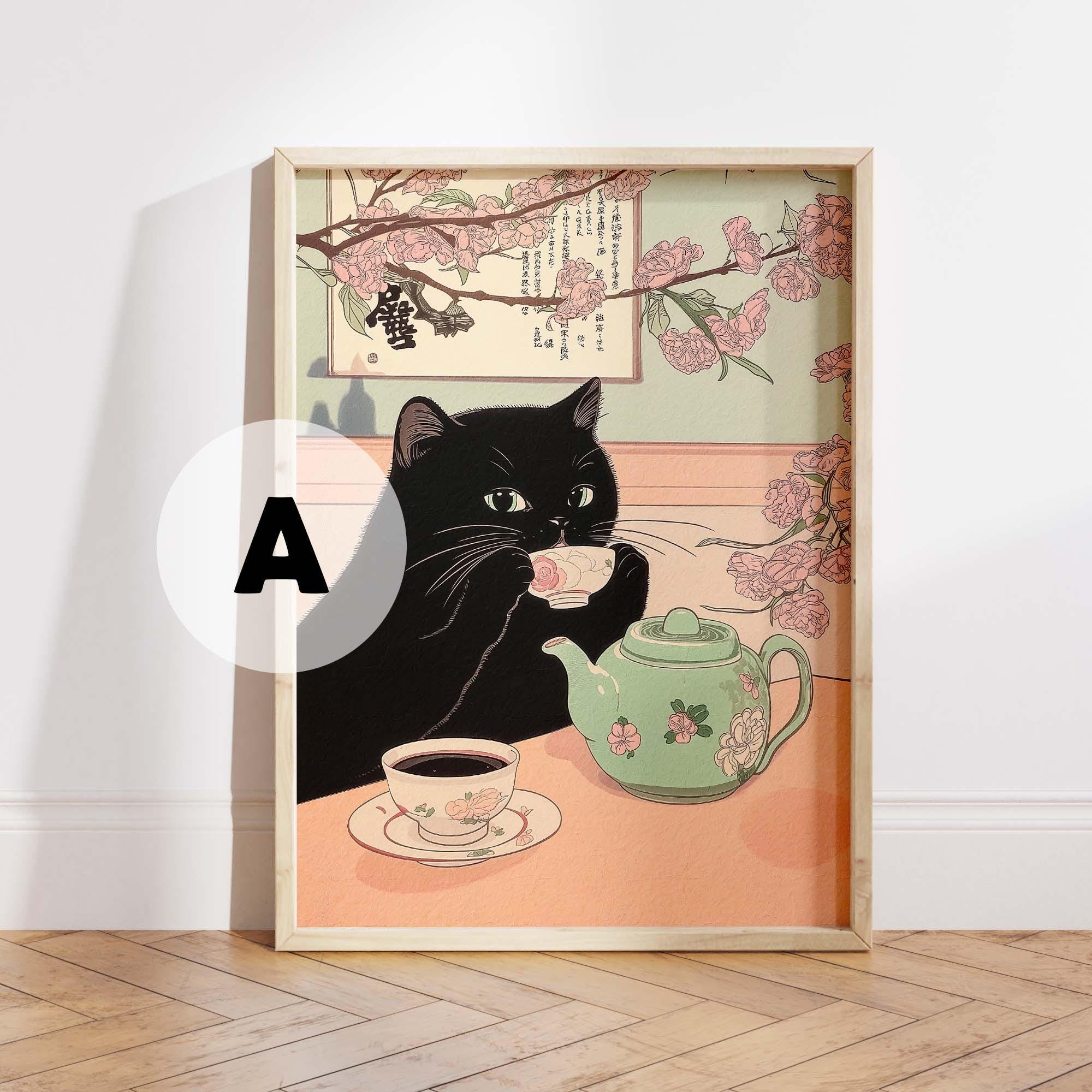 Japanese Cat 6 Print Set Gift, Black Cat Wall Art Poster Bundle, Zen ...