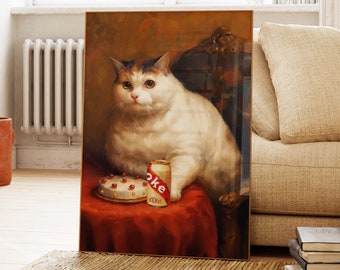 May include: A white cat with brown and orange markings sits on a red velvet chair with a can of Diet Coke and a cherry-topped cake in front of it.
