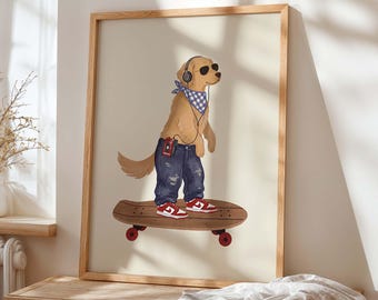 Dog Skateboard Nursery Wall Art Print, Cool Puppy Kids Poster, Retro Skater Dog Illustration, Boys Room Decor, Modern Animal Art, Unframed