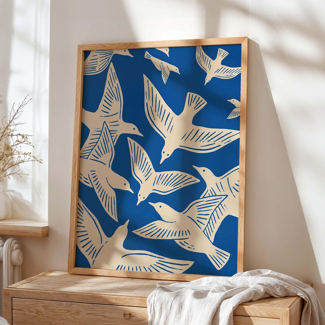 Bird Wall Art Print, Blue Coastal Poster, Scandinavian Seagull Flock ...