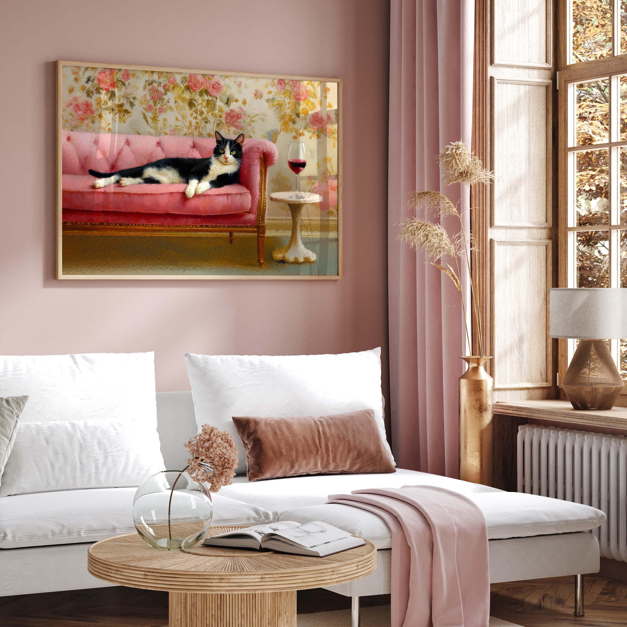 Tuxedo Cat With Red Wine Art Print, Cute Quirky Whimsical Wall Art ...