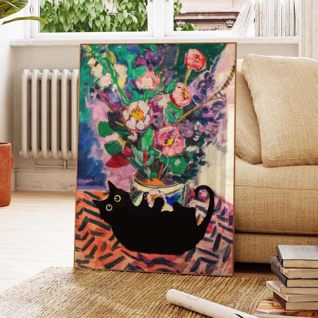 Black Cat Print, Matisse Cat Poster, Flowers Print, Funny Cat Print ...