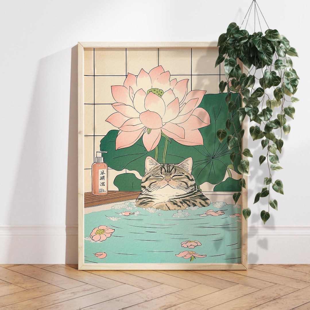 Tabby Cat in Bathtub Japanese Bathroom Decor, Japan Art Print ...