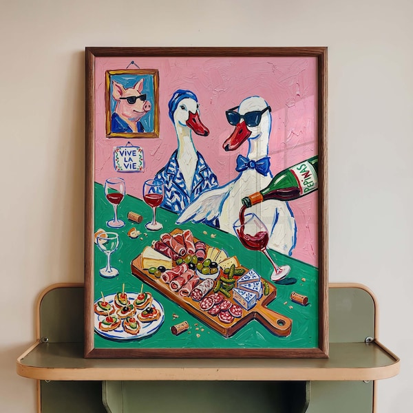Zabawny wydruk artystyczny z gęsim winem, fantazyjny plakat do jadalni, różowy, maksymalistyczny wystrój kuchni