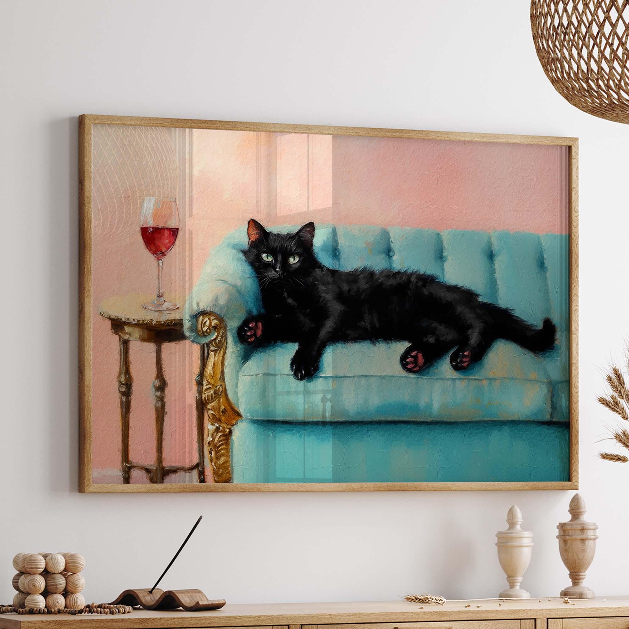 Black Cat With Red Wine Art Print, Cute Quirky Whimsical Wall Art, Pink ...