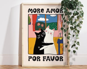 Cat Wall Art, More Amor Por Favor wall art, Black and White Cats Print, Retro Cat Love Poster, Bedroom Prints Wall Decor, Gift Idea PS0555