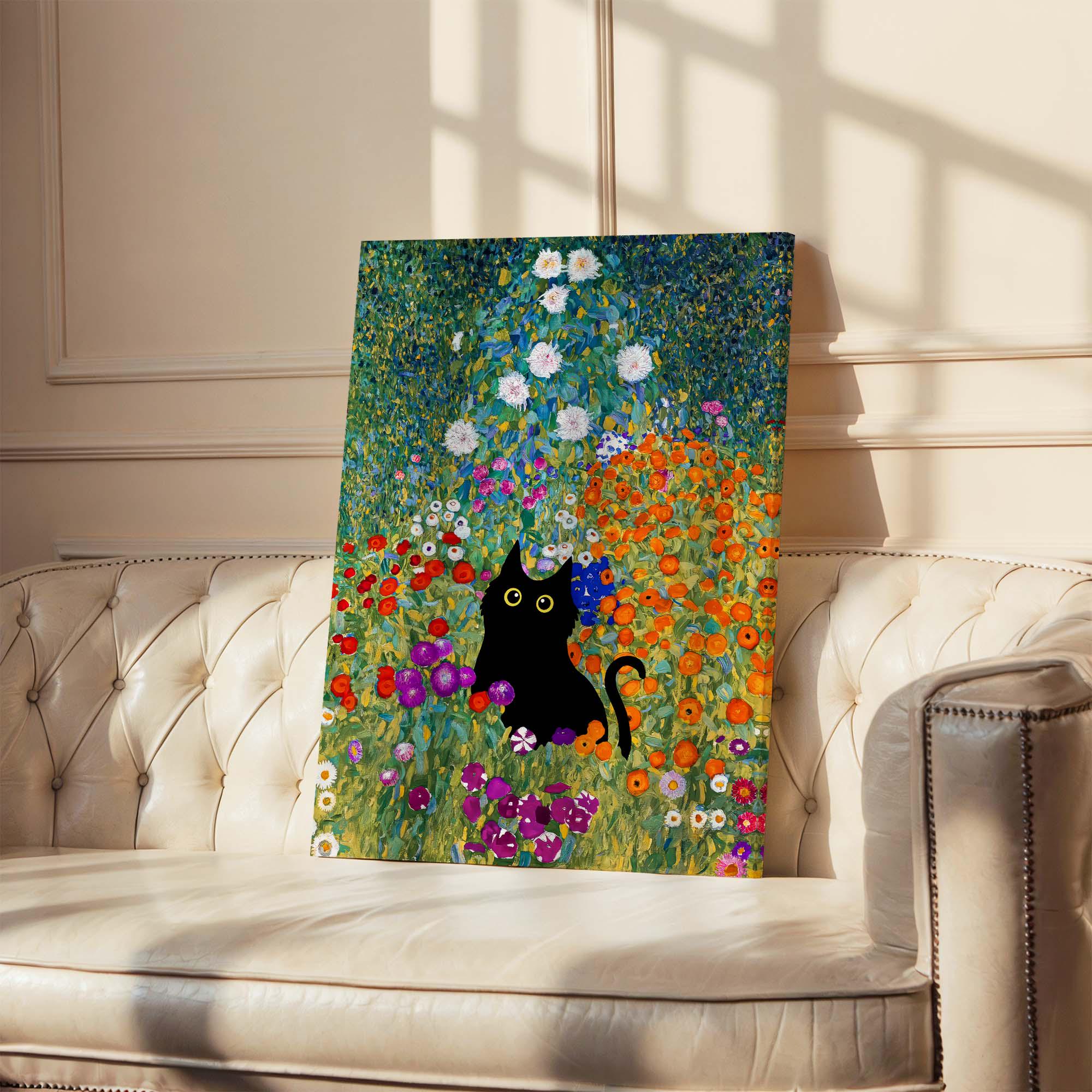Gustav Klimt Garden Cat Canvas, Black Cat Art Canvas, Floral Wall Decor ...