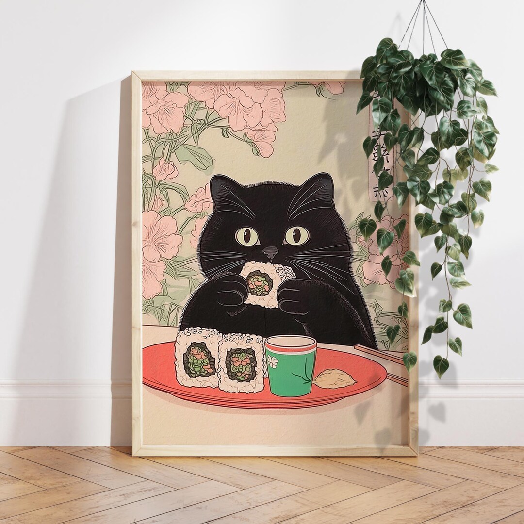 Black Cat Eating Sushi Japan Art Print, Japanese Wall Decor, Neutral ...