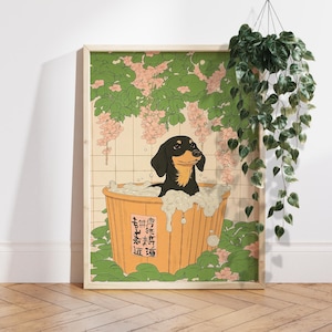 Black Dachshund in bathtub Japanese style bathroom print, Japan poster, Funny dog poster, Aesthetic Japandi wall art, Dog Lover Gift PS0691
