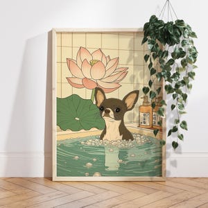Chihuahua in Bathtub Bathroom Print, Japanese dog gift, Japandi decor art Poster, Lotus Flower Neutral wall decor Dog Lover Gift PS0748