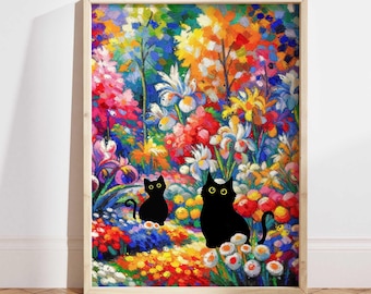 Poster del gatto nero, stampa del gatto di Matisse, poster del gatto con fiori da giardino, arte del gatto colorata, stampa divertente del gatto, idea regalo divertente, poster per la decorazione della casa PS0525