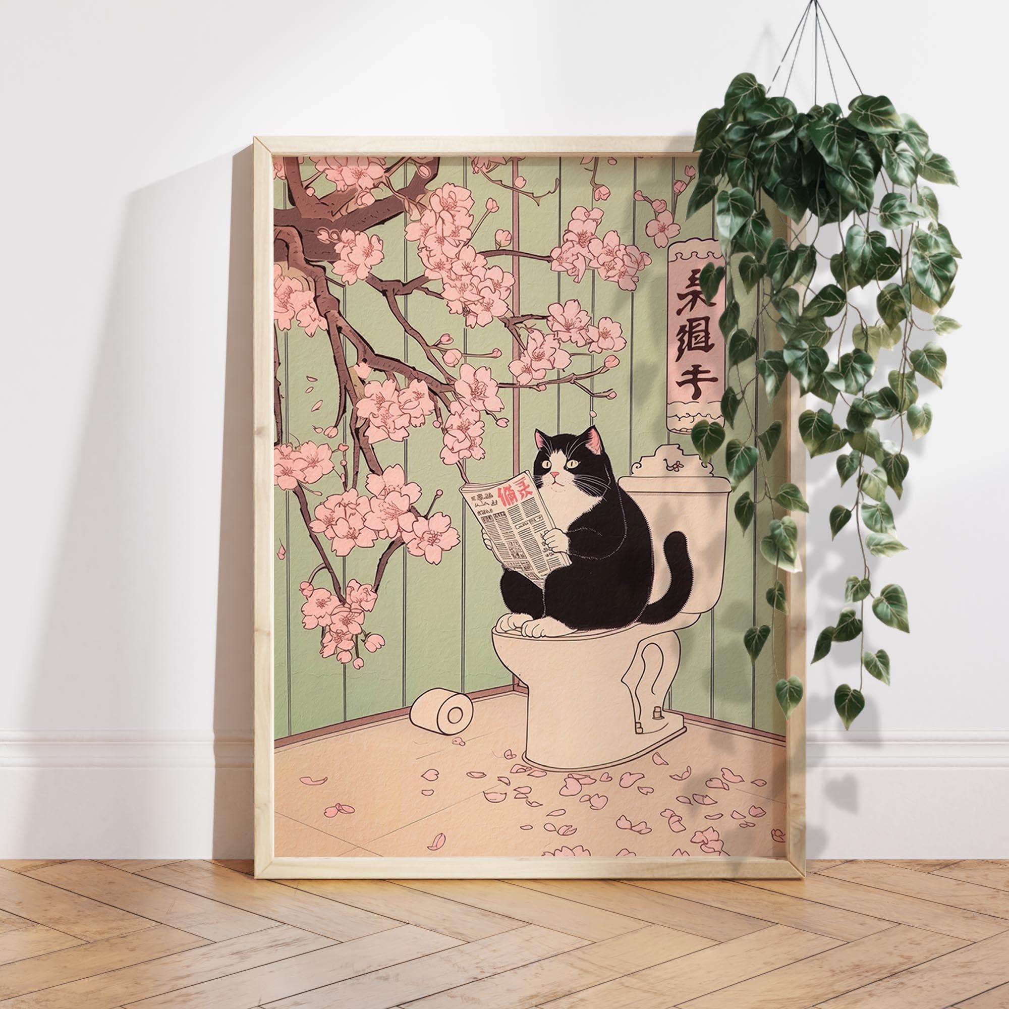 Tuxedo Cat on a Toilet Japanese Print, Funny Bathroom Print
