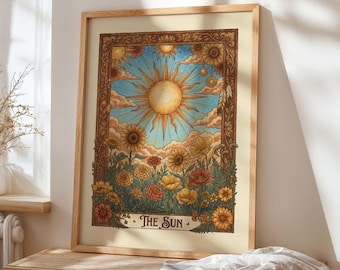 Póster celestial bohemio con estampado del Tarot del Sol, arte mural floral vintage con temática solar, ilustración astrológica mística.