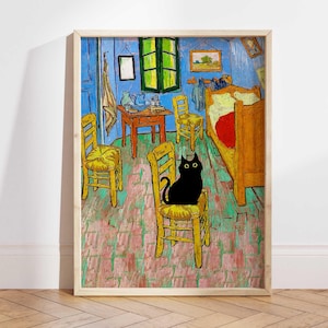 Vincent Van Gogh&#39;s The Bedroom Cat Print, Van Gogh Cat Poster, Black Cat Art, Funny Cat print, Funny gift, Home decor Poster PS0204