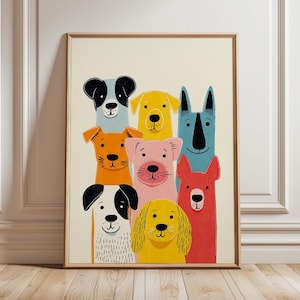 以下が含まれることがあります： 8匹の様式化された犬のカラフルなイラストが描かれた、額入りのアートプリント。犬は青、オレンジ、ピンク、黄色など様々な色で描かれており、白と黒のアクセントが施されています。このアートワークは、気まぐれで遊び心のあるスタイルです。