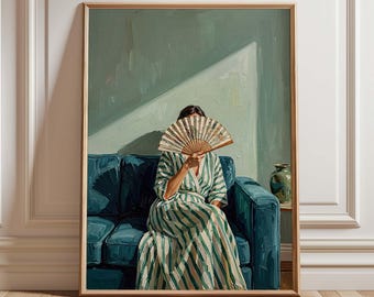 Woman with Fan Wall Art Print, Moody Figurative Poster, Green Blue Lounge Painting, Elegant Modern Interior Decor