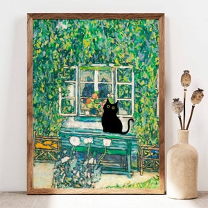 Black cat Print, Gustav Klimt Forester's House Cat Poster, Cat Art, Floral Print, Funny Cat print, Funny gift, Cat in the Garden PS0406