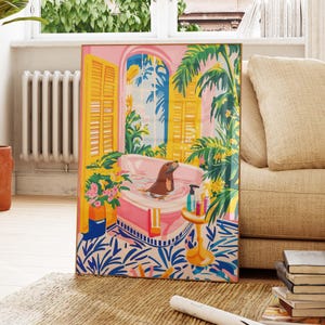 Seal in bathtub poster, Dopamine decor, Matisse print, Maximalist Tropical bathroom wall art Pink beachy art print, Animal art Gift PS0738
