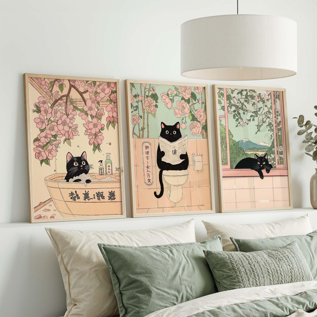 Black Cat Bathroom Wall Art Set of 3, Japanese Style Cat Pooping Funny ...