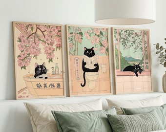 Juego de 3 impresiones de gato negro para pared de baño, estilo japonés, con divertidos estampados de gato haciendo caca, gato en el inodoro, decoración para el baño, idea de regalo.