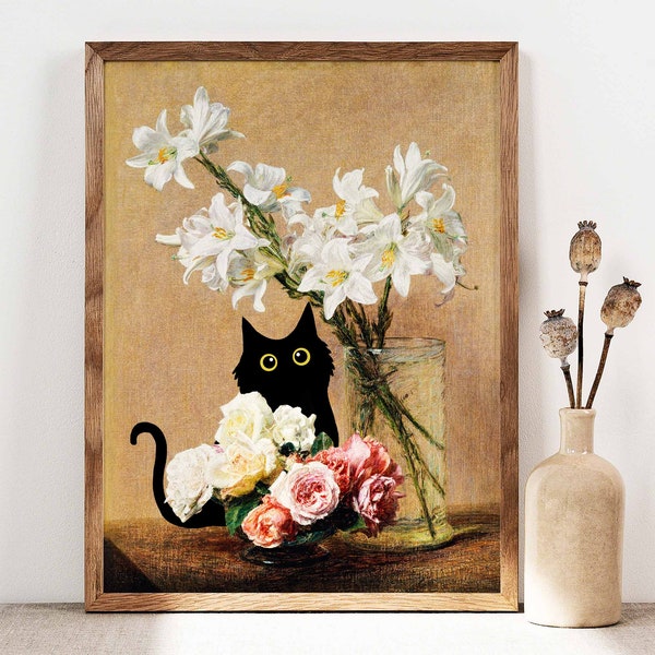 Black Cat Poster, Henri Fantin Roses and Lilies Cat Print, Black Cats, Floral Print, Funny Cat print, Funny gift, Home decor Poster PS0147