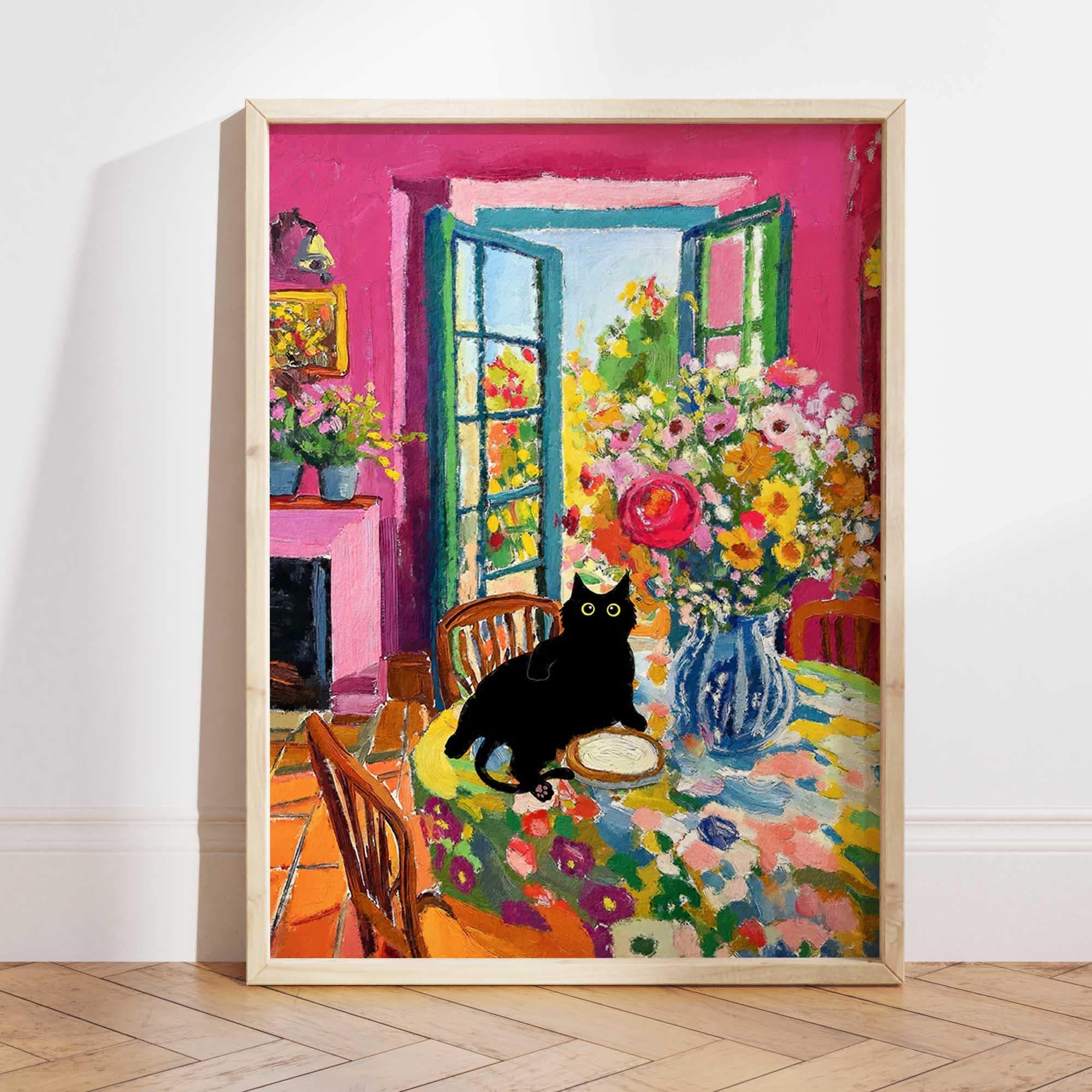 Black Cat Art Poster - Matisse Open Window Flowers and Black Cat